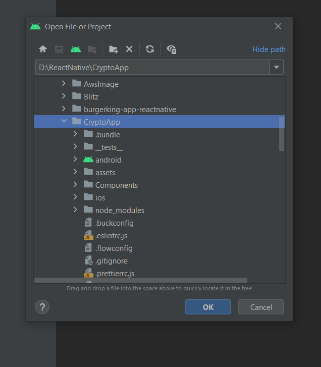 What are the steps to run a React Native application in Android Studio?